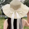 Chapéu de Sol de Verão com Laço para Mulheres, Chapéu de Sol de Palha com Pérolas para Praia, Chapéu de Sol de Aba Larga para Exterior, Chapéu de Palha Doce