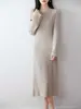 Vestido de lana pura con manga acampanada, vestido de punto para mujer, otoño e invierno, longitud media, adelgazante, tejido de canalé, suéter de cuello redondo, vestido base