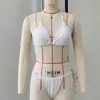 Biquíni de cor sólida com três tiras, maiô de duas peças sexy sem costas para mulheres, novo conjunto de saída de praia com mangas compridas 2026