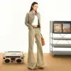 Traje de mezclilla para mujer con chaqueta corta, estilo retro americano de pierna de campana, chaqueta caqui fluida, pantalones largos caqui, gamuza Yichun