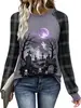 Camiseta de Manga Larga con Cuello Redondo para Mujer, Estilo Europeo y Americano, Transfronteriza, Halloween, Manga Raglán, Bloques de Color Estampados, Top Casual Holgado