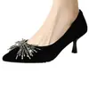 Nueva Colección Primavera/Otoño 2026: Terciopelo, Adornado con Pedrería, Punta Fina, Tacón de Aguja, Antideslizante, Tacones Altos Duraderos, Zapatos de Moda Bajos