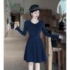Vestido de Punto Estilo Francés para Mujer, Disparo Real Transfronterizo, Nuevo para Otoño e Invierno, Pequeño, de Alta Gama, Línea A, Vestido Base