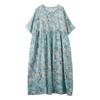 Foto Real de 25 Algodón y Lino Fino de Verano Cuello Redondo Manga Corta Flor Sencillo Bohemio Falda Larga Largo 128 Exportación Mujeres