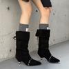2025 Nuevas Botas de Cuero para Mujer, Punta Fina, Tacón de Aguja, Plisadas, de Pila, con Tirantes, de Caña Alta, Botas Largas