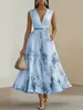 2026 Ropa Femenina de Comercio Exterior Europeo y Americano Venta Caliente Vestido de Vacaciones Estampado sin Mangas Falda Femenina Elegante de Longitud Media con Cuello en V