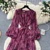 Vestido Longo Estampado Soltinho Manga Longa Estilo Dama Francesa para Mulheres Primavera Outono Amarração na Cintura Ajuste Cintura Saia Longa Evasê Saia Elegante Emagrecedora