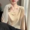 Camiseta básica de punto fina de manga larga con cuello en V para primavera y otoño, color gris, talla grande holgada, top adelgazante