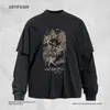 Camiseta de manga larga tipo dos piezas con estampado de letras desgastadas para hombre, corte holgado, estilo primavera/otoño, moda urbana, top lavado con cuello redondo