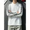 Camiseta de manga comprida listrada falsa de duas peças, preto e branco, para homens, gola redonda, para adolescentes e estudantes do ensino médio, solta, peso pesado, para usar por baixo, camada base