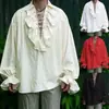 En Stock 2019 Wish Amazon Vintage Camisa de Color Sólido para Hombre con Cuello de Solapa, Camisa Fruncida, Mangas Abullonadas C106 Lino