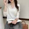 Blusa de Tricô de Lã Gola V Manga Longa para Mulheres Outono Inverno Novo Estilo Cor Lisa Simples Efeito Emagrecedor Camada Base Tricô Malha