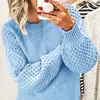 Suéteres de punto de color liso europeos y americanos de Amazon transfronterizos para mujer, nuevo suéter de punto de cuello redondo de manga larga de otoño e invierno, versátil
