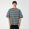 Camiseta de Manga Corta a Rayas Color-Block Tendencia Retro Japonesa para Hombre, Nuevo Estilo de Verano con Bordado Texturizado, Camiseta de Manga Media con Cuello Redondo