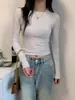 Camiseta de Manga Larga Gris Estilo Americano Hombro Normal para Mujer Primavera Otoño Invierno 2026 Capa Interior Cepillada Capa Base Ajuste Delgado Top Versátil