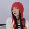 Gorro con borlas hecho a mano, cálido, con puntera, para mujer, con protección para las orejas, con cordones, tejido a la moda, para otoño e invierno, estilo coreano