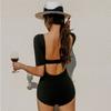 Traje de baño Sexy para Mujer Negro Cuello Cuadrado Manga Corta Triángulo Estudiante Adelgazante Vacaciones Aguas Termales Traje de Baño Corea del Sur Ins