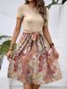 Vestido de Longitud Media con Estampado Paisley, Bloques de Color en la Cintura, Cuello Redondo y Mangas Cortas, Tendencia de Moda Europea y Americana Transfronteriza, Temperamento, para Mujer