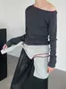 Taochuan Estilo Coreano Hombro Caído Clavícula Expuesta Color de Contraste Aspecto Adelgazante Tejido de Punto Mujer Aspecto Adelgazante Top de Manga Larga Yl698