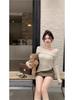 Elegante camiseta suéter de manga larga con hombros descubiertos invierno vintage corte ajustado irregular top sexy de chica hot ins