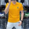 Camisa de verano 2025 para hombre, de media manga, con cuello en forma de corazón de pollo, de seda y algodón, moderna, con cuello en V y diamantes de imitación, de manga corta, informal, ajustada.