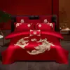 Conjunto de cama de quatro peças para casamento em algodão de fibra longa de luxo, 100% algodão, algodão puro, capa de edredom bordada para casamento, lençol de baixo e fronhas, novo conjunto de cama de seis peças para casamento