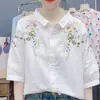 Nova camisa feminina de verão versátil de corte slim com mangas médias, estilo coreano vintage artístico com gola de lapela bordada em algodão e linho, blusa de manga curta