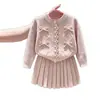 Conjunto de dos piezas de punto dulce color rosa con lazo para niñas, nuevo para otoño 2026, estilo coreano
