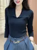 Suéter de Punto Gris con Solapa y Manga Larga para Mujer, Prenda Base 2026 Otoño/Invierno Nuevo Estilo Coreano Adelgazante Versátil de Temperamento de Moda