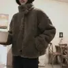 Tamanhos atualizados disponíveis: Chique coreano outono e inverno estilo coreano gola alta estilo universitário jaqueta curta de pele de cordeiro sintética quente