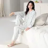 Pijama de mujer para primavera y otoño, de manga larga y pantalón largo, cárdigan de algodón con cuello de solapa, ropa de casa linda de niña con dibujos animados, se puede usar para salir