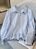 Recomendado, favorito personal~Colección Otoño 2026 Camisa de Manga Larga para Mujer Color Azul Islandia con Cuello de Solapa, Corte Holgado y Adorno de Volantes