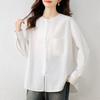 Camisa de Algodão com Botões e Gola Redonda Estilo Chinês Casual Solta e Chique Outono 2025 com Barra Arcada para Esconder Gordura e Top Emagrecedor para Mulheres