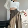 Pantalones Grises de Cintura Alta con Doble Hebilla Pierna Ancha para Mujer Primavera y Otoño Sueltos Adelgazantes Rectos Pantalones Casuales