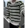 Suéter de Punto con Bloques de Color Rayas Cuello Redondo Estilo Retro Japonés para Hombre Otoño Invierno Holgado Estilo Perezoso Jersey Versátil