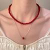 Set de Collar y Pulsera de Cuentas Redondas Rojas, Cadena para Clavícula Dorada de Lujo Ligero Vintage con Separadores de Perlas, Joyería Femenina Transfronteriza