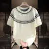 Top de Malha Curta Jacquard Estilo Étnico Fair Isle Retrô Masculino Japonês Tendência Casual Versátil Camiseta de Meia-Manga