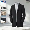 Nova coleção masculina de primavera e outono: casaco de lã dupla face, engrossado, casual de negócios, comprimento médio, cor sólida, de abotoamento duplo