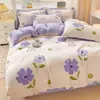 Juego de Cuatro Piezas de Algodón Cepillado Espeso Fresco y Sencillo para Dormitorio, Sábana Amigable con la Piel, Funda de Edredón, Funda de Colcha de Algodón Lavado, Juego de Cama de Tres Piezas