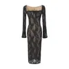 Vestido Longo de Renda com Gola Quadrada de Manga Longa Estilo Spicy Girl 2026 Outono Novo Sexy Justo ao Corpo Fenda Abraça o Quadril Elegante