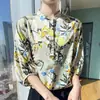 Camisa Feminina de Cetim de Acetato Estampada Estilo Chinês Manga Três Quartos Gola Alta Meia Manga Solta Elegante High-End Tendência Nacional Top