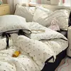 Conjunto de Roupa de Cama de Quatro Peças Estilo Coreano Classe A, Lençol de Cama de Algodão Puro Lavado com Bolinhas e Amarração, Capa de Edredom, Lençol de Elástico, Conjunto de Três Peças para Dormitório 3