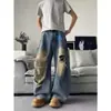 Calça jeans masculina rasgada com efeito desgastado estilo americano, calça de perna larga com design moderno para o outono, estilo high street, calça cool e estilosa de comprimento total