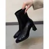 Nueva Colección Otoño/Invierno: Botines de tacón alto de punta cuadrada estilo francés para mujer con tacón grueso, cierre trasero retro y elásticos