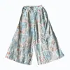 Pantalones Culotte Casuales de Algodón y Lino de Pierna Ancha Sueltos con Estampado Artístico Retro de Lino de Alta Gama para Mujer