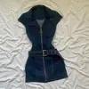 Vestido Retro Petite con Cremallera de Verano para Cintura, Efecto Adelgazante y Cuello Camisero Mono de Mezclilla