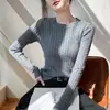 Suéter de punto trenzado con cuello redondo para mujer, nuevo estilo otoño e invierno, manga larga, corte ajustado, base de punto gris, camisa base de punto color albaricoque