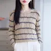 Suéter tejido a rayas hueco de estilo retro casual para mujer, cuello redondo, corte holgado, manga larga, suéter fino, nuevo top de principios de otoño, moderno