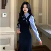 Vestido largo de polo con bloques de color patchwork estilo universitario para mujer, adecuado para primavera y otoño, con diseño de camisa de dos piezas simulada y tirantes