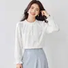 Blusa de gasa de manga larga para mujer con detalle de lazo, nuevo estilo primavera/otoño, corte entallado que estiliza, moderna y chic